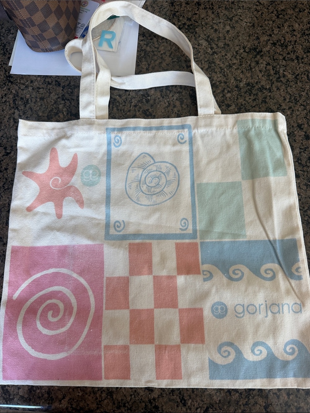 Gorjana Cream Canvas Tote with Pink and Mint Blue Coastal Motifs